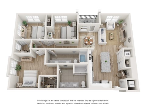 Floor plan for 3 beds, 2 baths, 1399 sqft